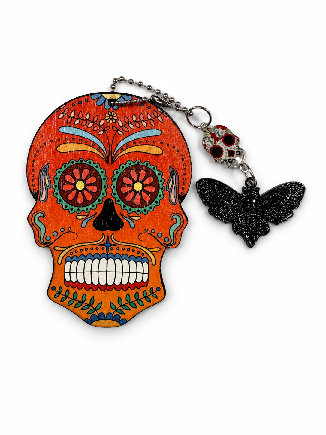 Sugar Skull Embossed on Wood with Sugar Skull and Skull Moth Charm Bag Charm