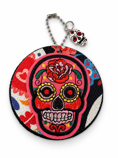 Sugar Skull Patch and Textile on a Painted Leather Disc with Sugar Skull Charm