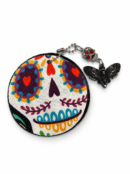 Dia De Los Muertos Textile on a Painted Leather Disc with Sugar Skull and Skull Moth Charm Bag Charm