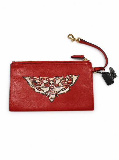 Upcrafted Coach Red Back Pouch with Gold Hardware Stenciled Skull Moth Painted and Mini Hagtag and Skull Moth Charm