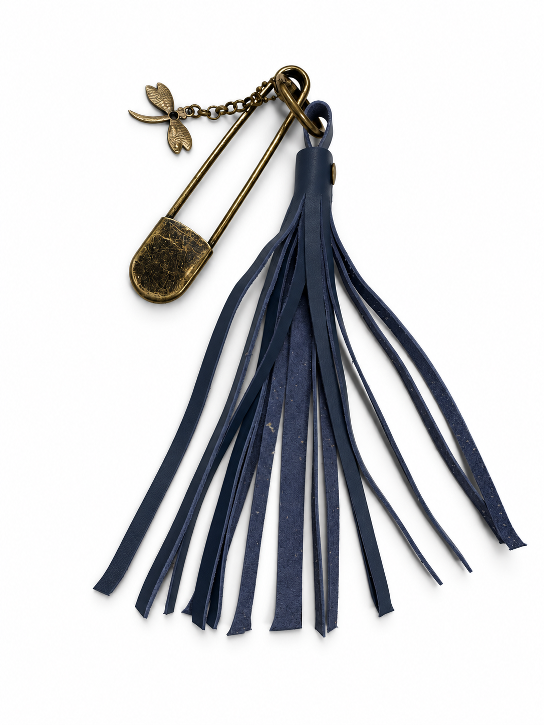 Handcut Blue Leather Tassel with XL Safety Pin and Dragonfly Charm Bag Charm
