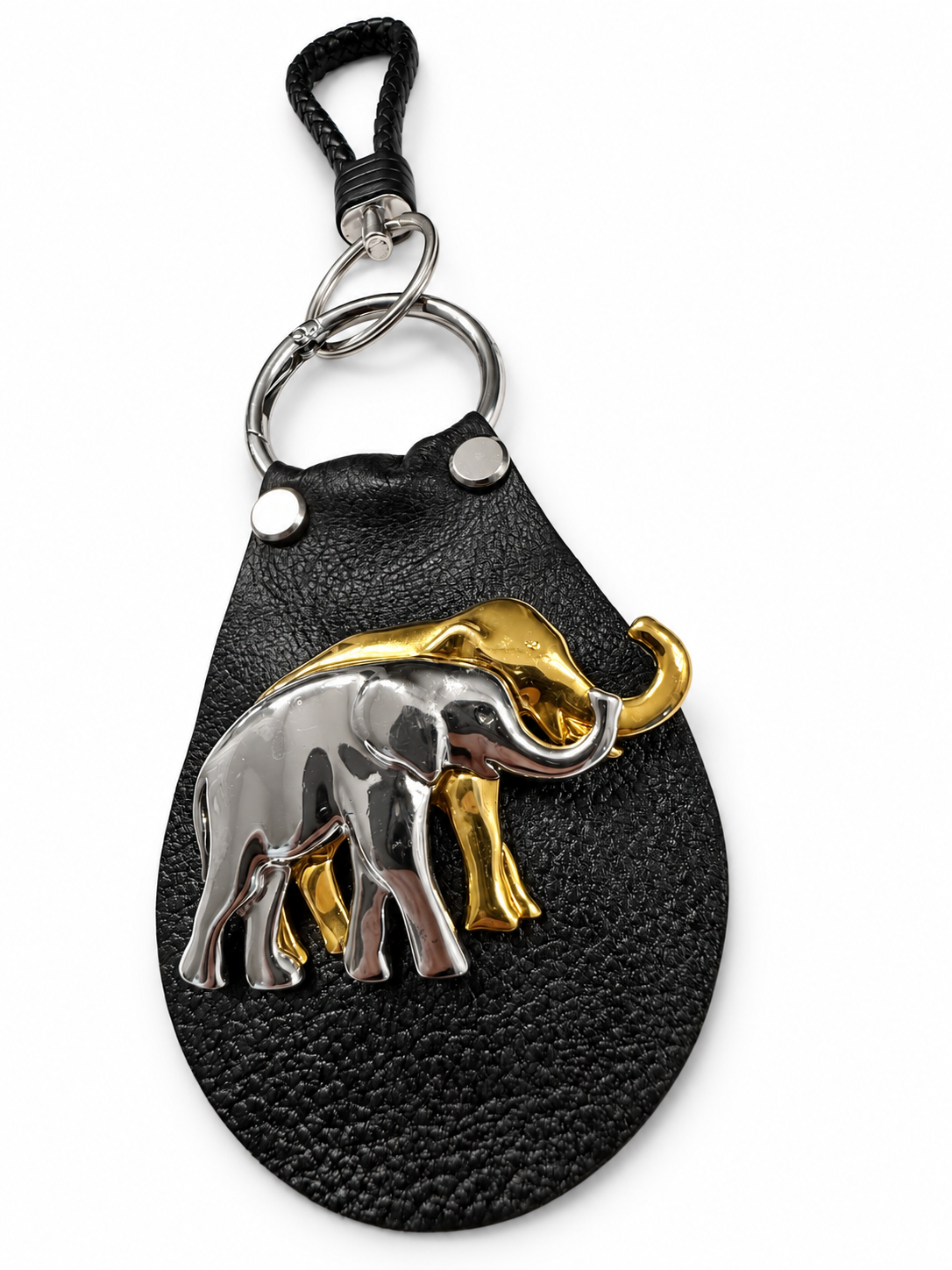 Repurposed Elephant Brooch Pin on Handcut Painted Leather with Studs Key Chain