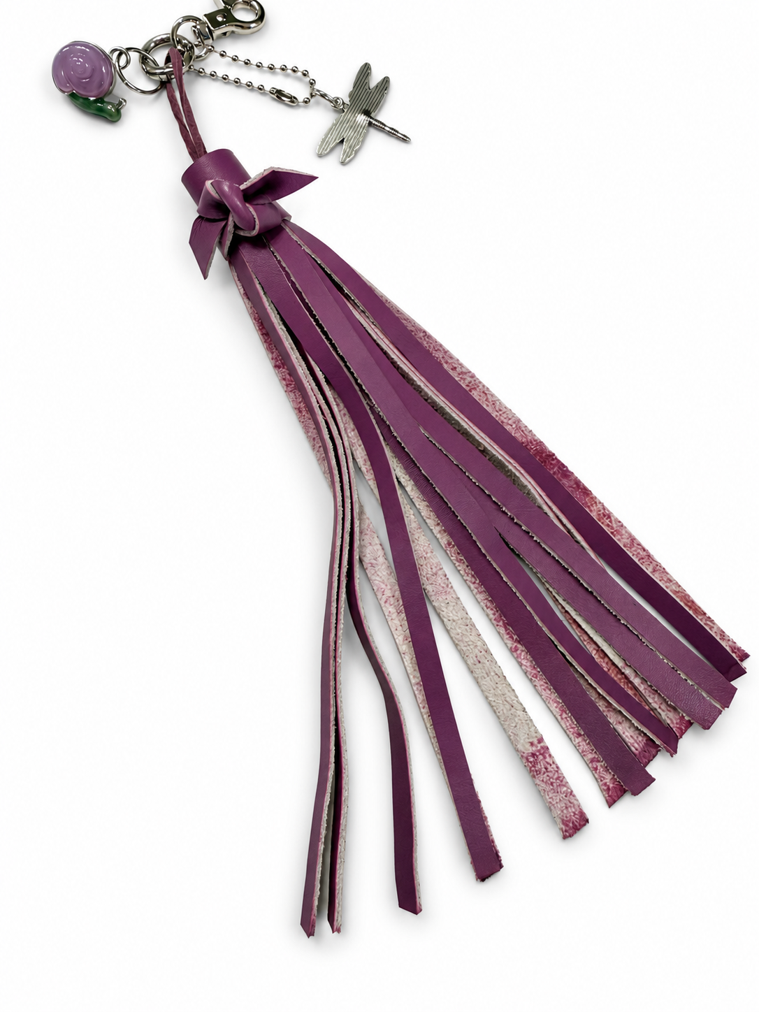 Repurposed Coach Lavender Snail Charm, Handcut Leather Purple Tassel, and Dragonfly Charm Bag Charm Cluster