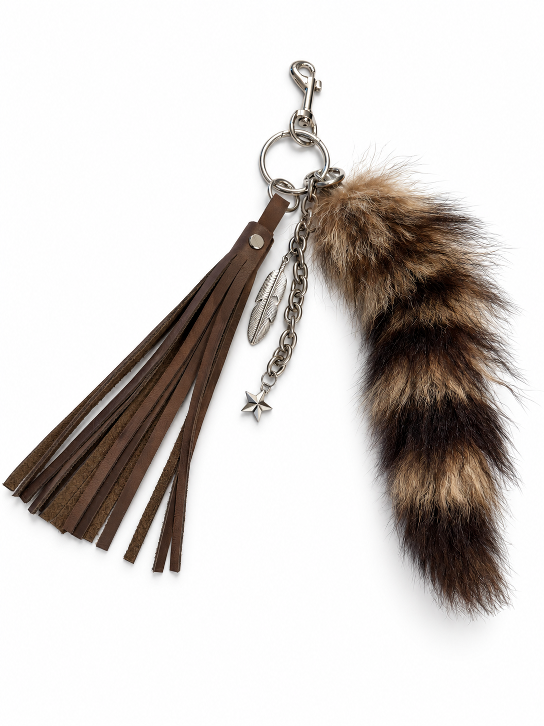Cluster Bag Charm with Faux Fur Raccoon Tail, Handcut Leather Distressed Tassel, Gold Chain with Charms (the star is a Coach charm)