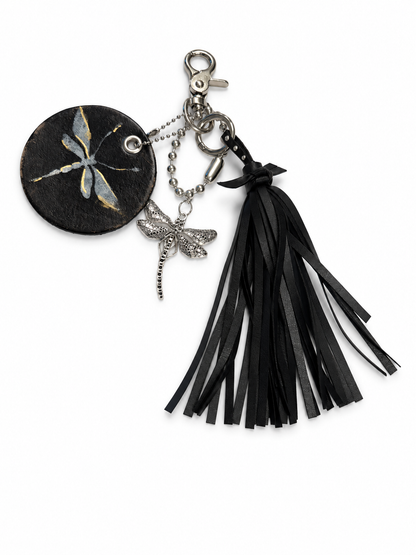 Bag Charm Cluster Vegan Tassel Leather Disc with Painted Dragonfly and Large Dragonfly Charm