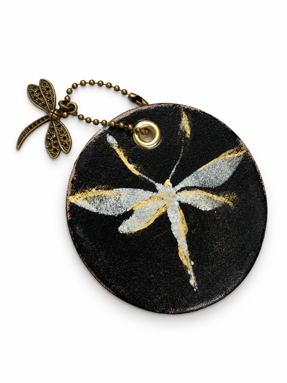 Dragonfly Bag Charm Painted on Leather Disc with Dragonfly Charm