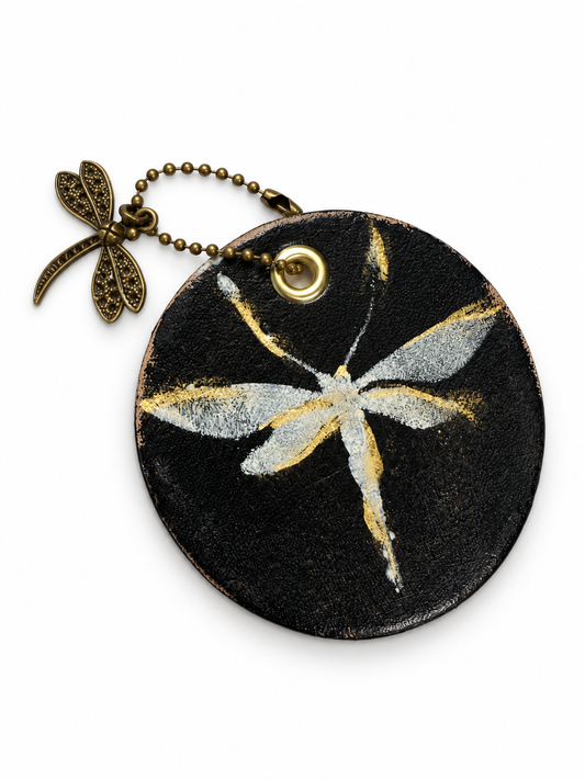 Dragonfly Bag Charm Painted on Leather Disc with Dragonfly Charm