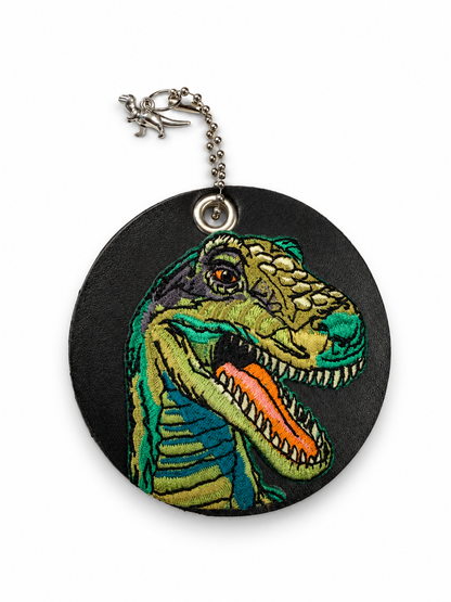Repurposed Center of a Coach Coaster with T-Rex Embroidered Patch Bag Charm Silver Hardware