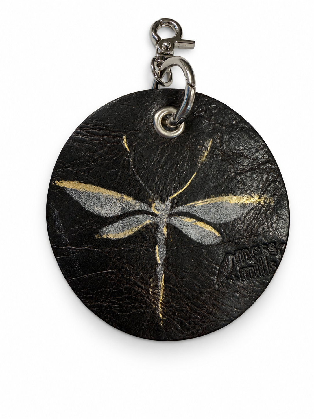 Repurposed Piece of a Moss Mills Handbag with Logo Embossed Painted Dragonfly and Dragonfly Charm Bag Charm