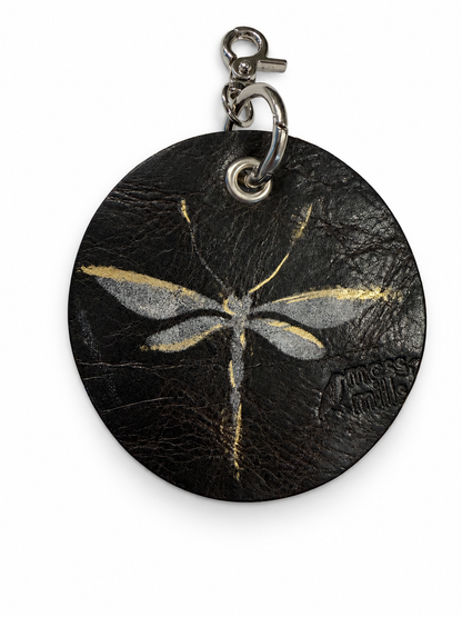 Repurposed Piece of a Moss Mills Handbag with Logo Embossed Painted Dragonfly and Dragonfly Charm Bag Charm