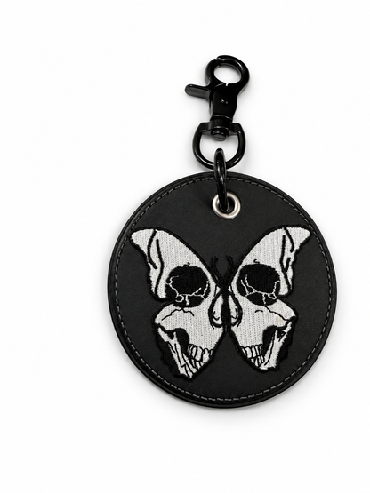 Repurposed Coach Coaster with Skull Butterfly Embroidered Patch Bag Charm Black Hardware