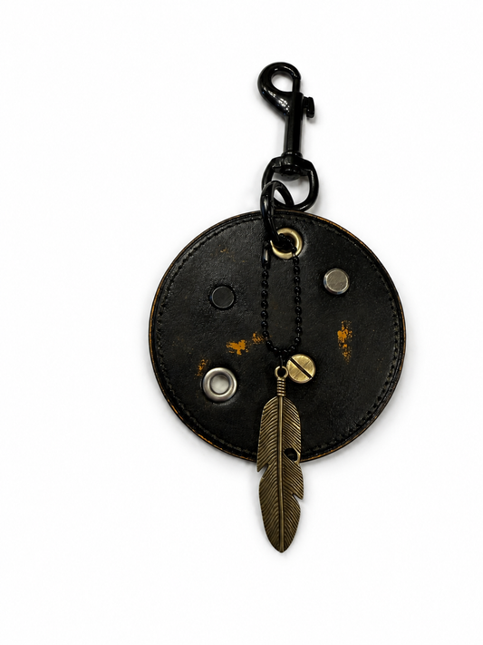 Repurposed Coach Coaster Bag Charm with Rivets and Feather