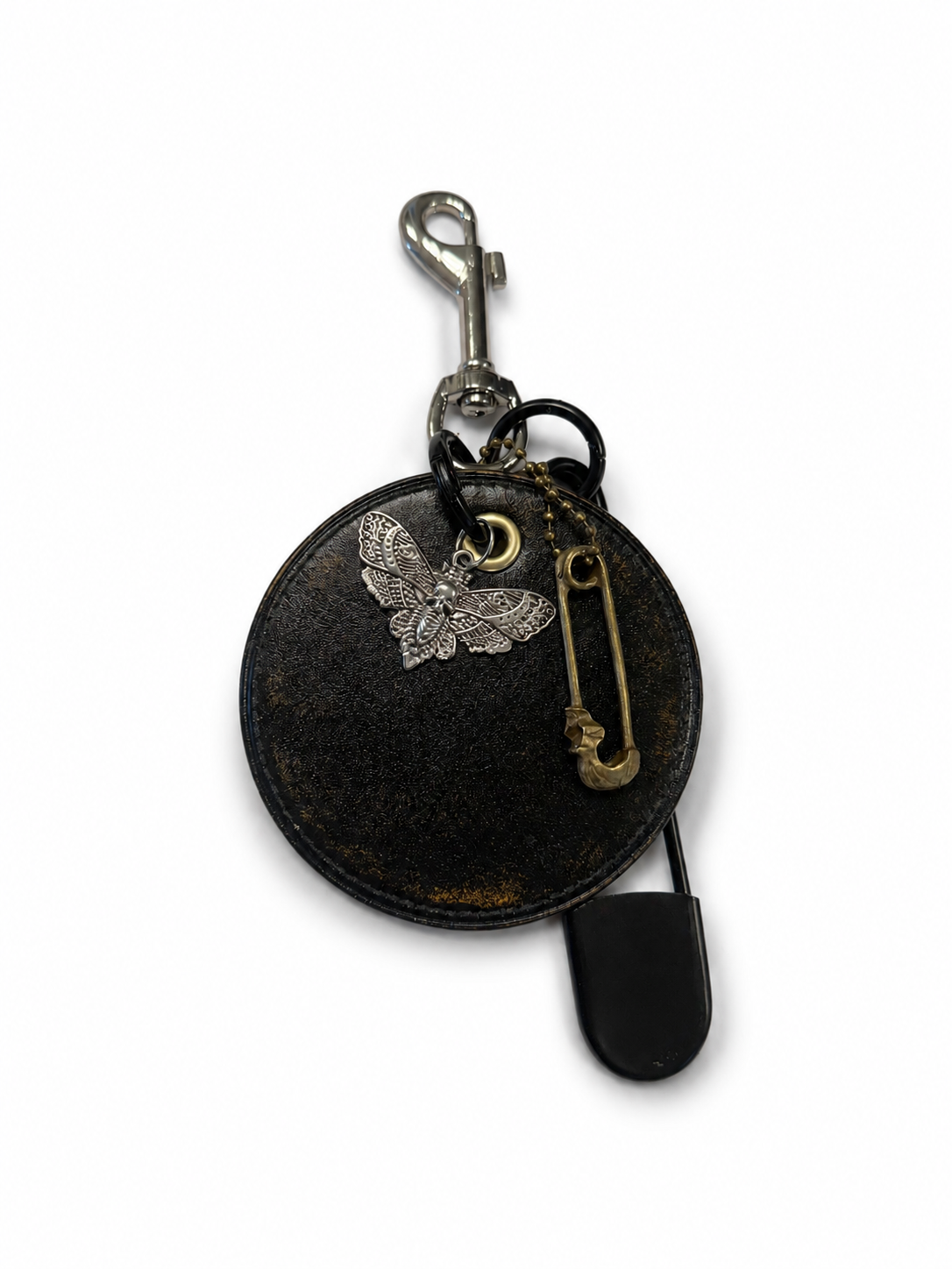 Repurposed Coach Coaster Bag Charm with Skull Moth Charms