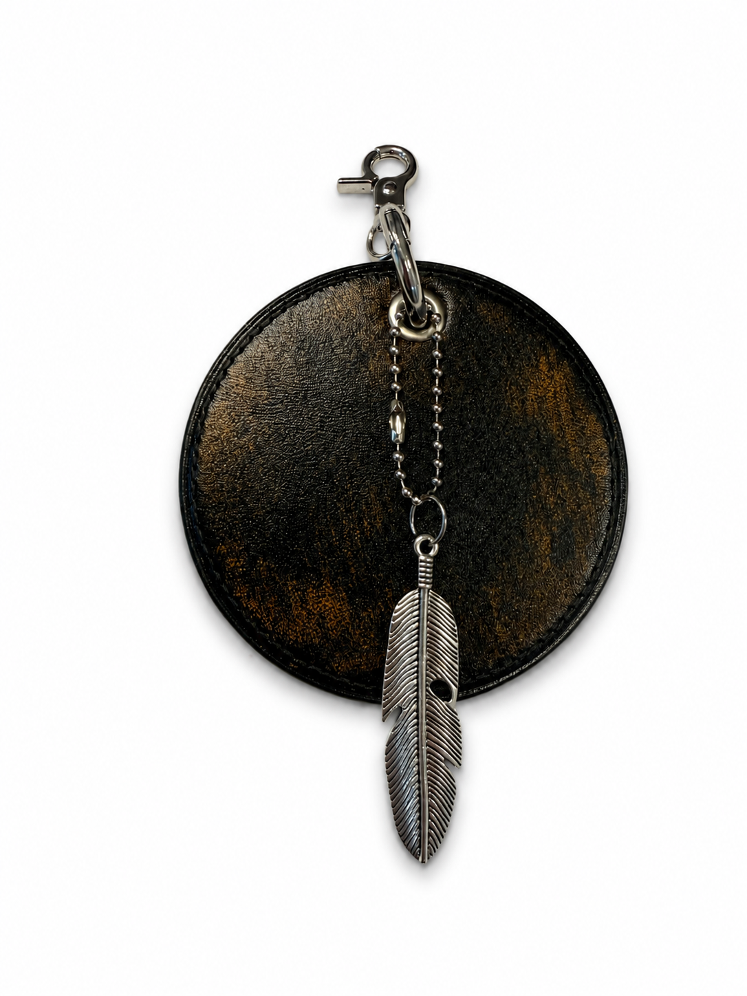 Repurposed Coach Coaster Bag Charm with Feather