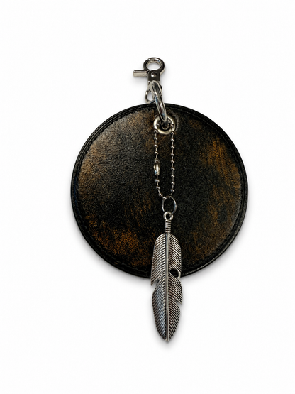 Repurposed Coach Coaster Bag Charm with Feather