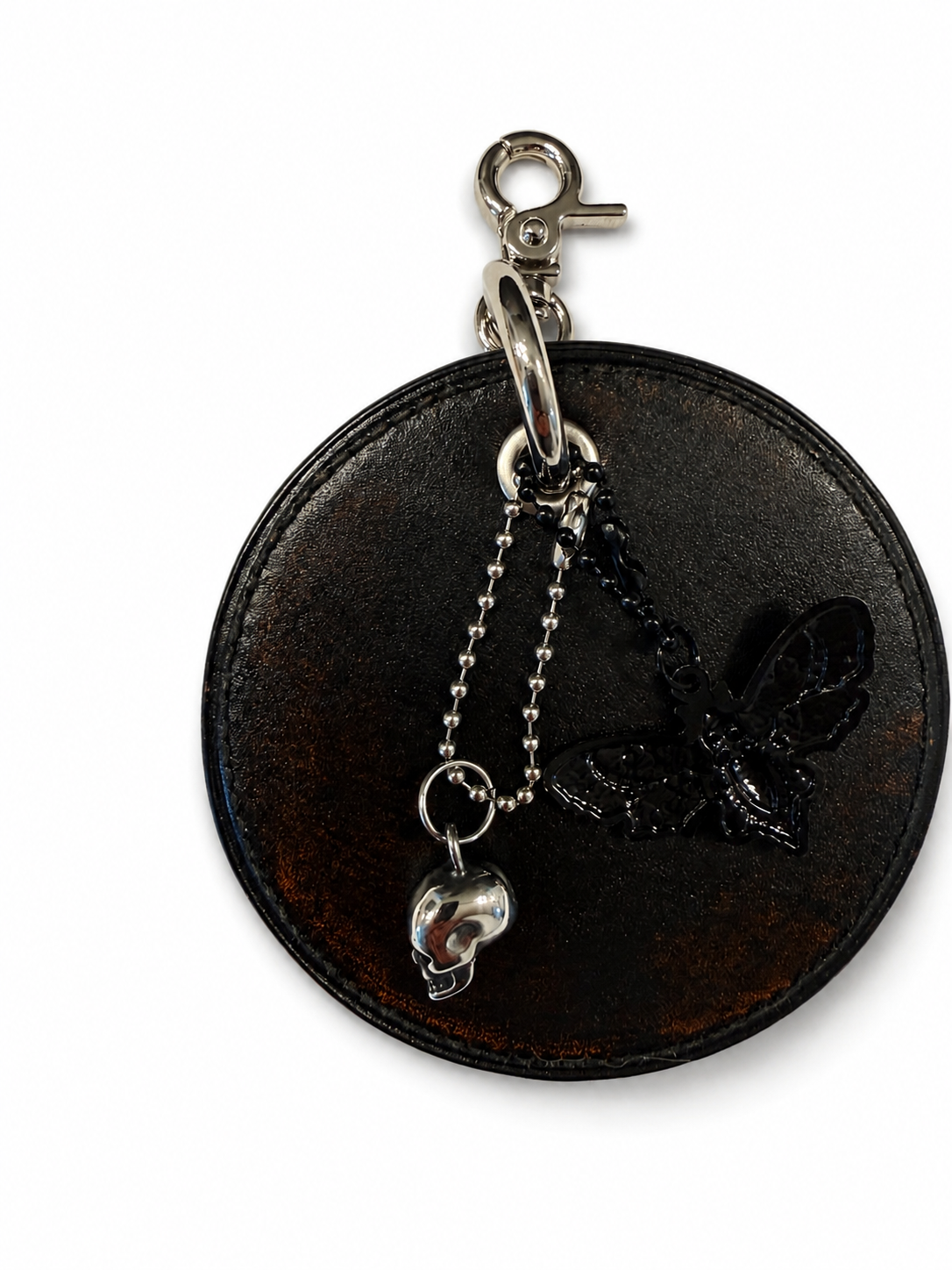 Repurposed Coach Coaster Bag Charm with Skull and Moth Charms