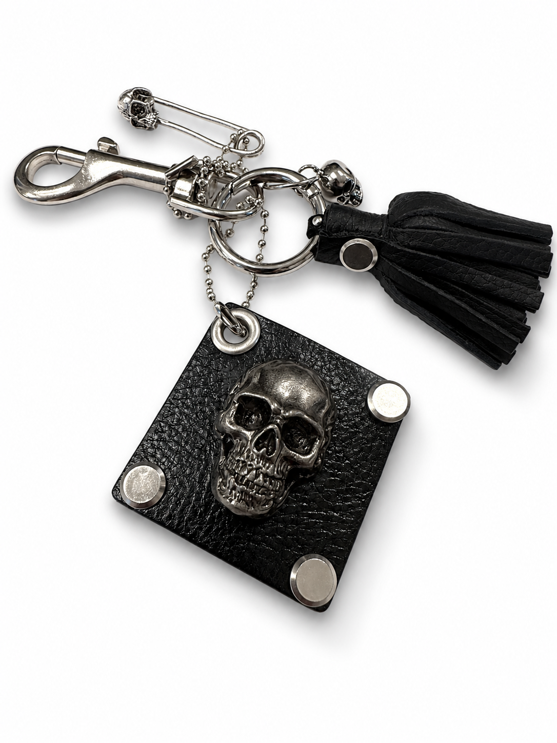 Repurposed Kate Spade Leather Skull Bag Charm Cluster – Black Pebbled Leather Tassel – Gothic Luxe – Silver Tone Hardware