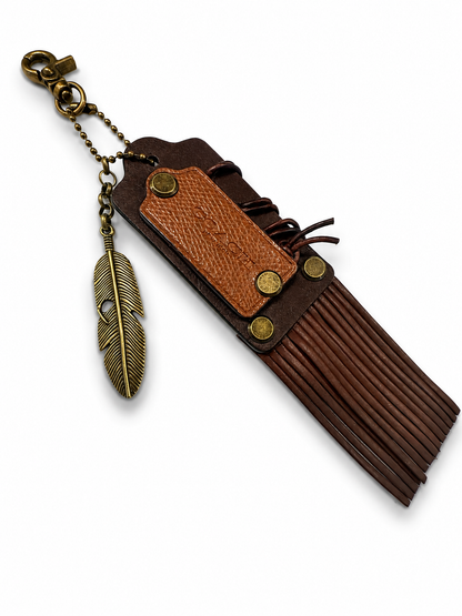 Upcrafted Coach Brown Leather Fringe Hangtag Bag Charm – Repurposed Coach Hangtags – Feather Charm – Antique Brass Hardware – One of a Kind