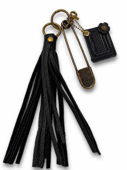 Upcrafted Coach Storypatch & Tea Rose Bag Charm – Repurposed Coach Creed Patch – Black Leather Tassel – Antique Brass Hardware – One of a Kind