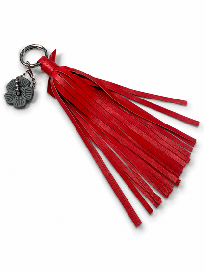 Handmade Red Vegan Leather Tassel Bag Charm – Gray Coach Tea Rose Accent – Silver Tone Hardware – One of a Kind