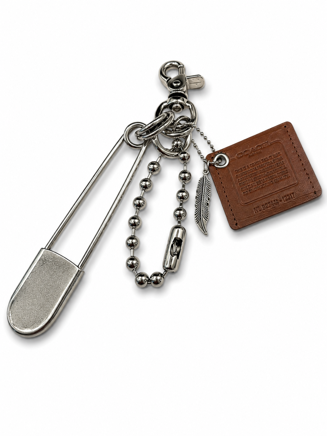 Upcrafted Coach Storypatch Bag Charm Cluster – Repurposed Coach Creed Patch – XL Silver Tone Safety Pin – Feather Charm – One of a Kind