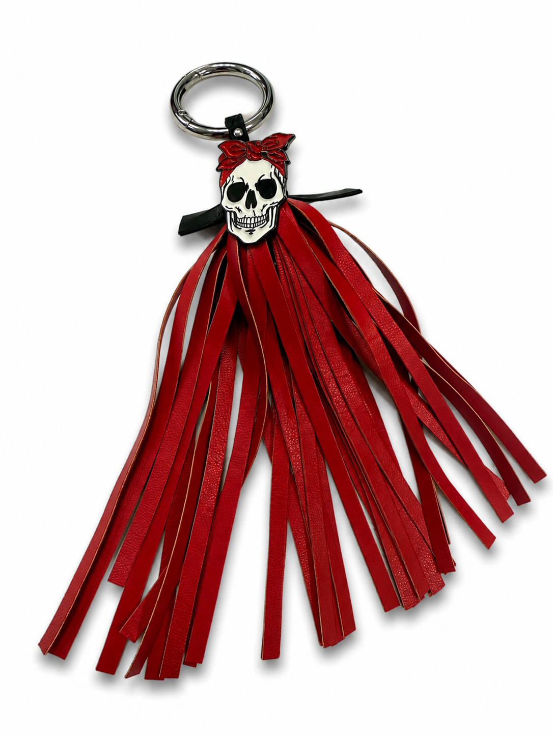 Handmade Red Vegan Leather Tassel Bag Charm – Skull with Red Bandana Pin – Silver Tone Hardware – One of a Kind