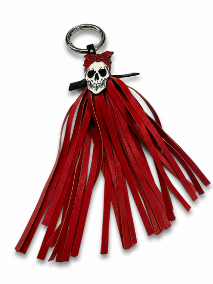 Handmade Red Vegan Leather Tassel Bag Charm – Skull with Red Bandana Pin – Silver Tone Hardware – One of a Kind