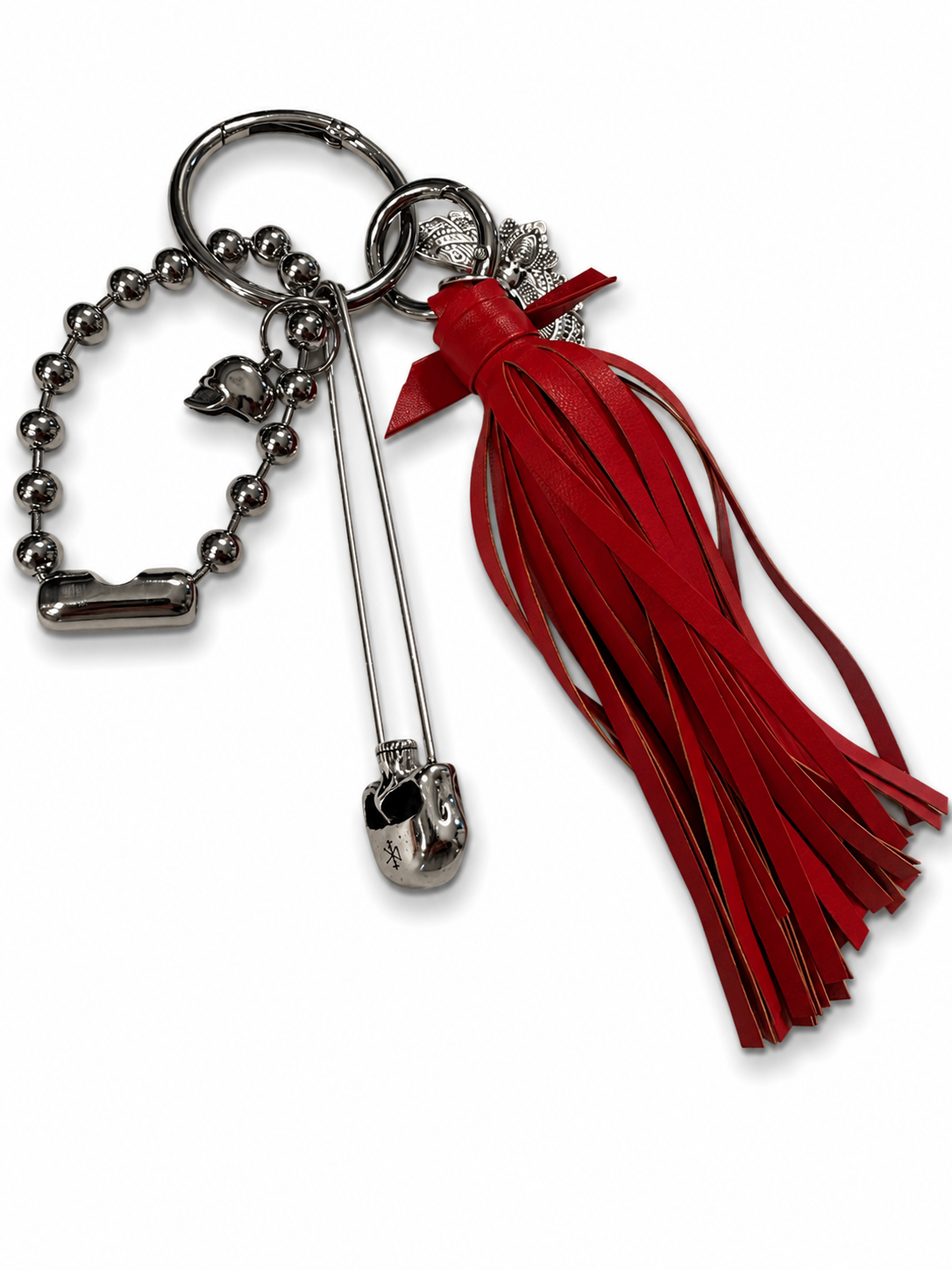 Handmade Red Vegan Leather Bag Charm Cluster – XL Skull Safety Pin – Skull Moth Charm – Silver Tone Hardware