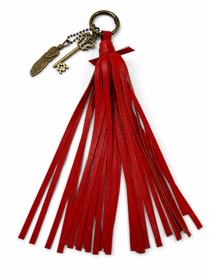 Handmade Red Vegan Leather Tassel Bag Charm with Key & Feather