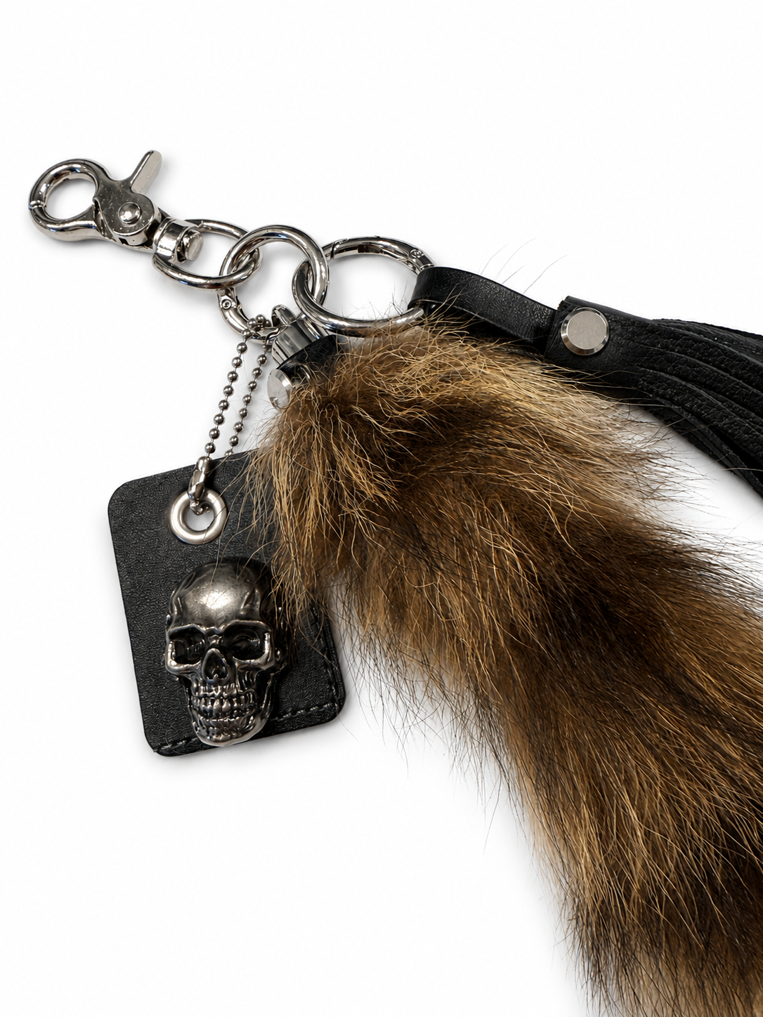 Faux Raccoon Tail, Leather Tassel, and Repurposed Coach Tic Tac Toe Piece Bag Charm Cluster