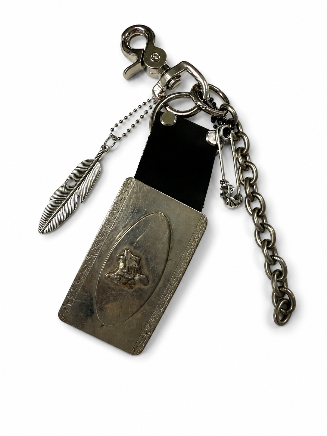 Repurposed Silver Buckle with Saddle Bag Charm Cluster with Feather and Chain