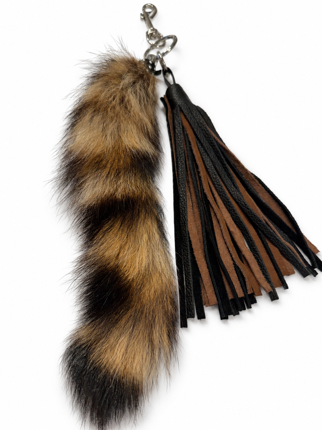 Handmade Two-Tone Leather Tassel with Faux Raccoon Tail Bag Charm