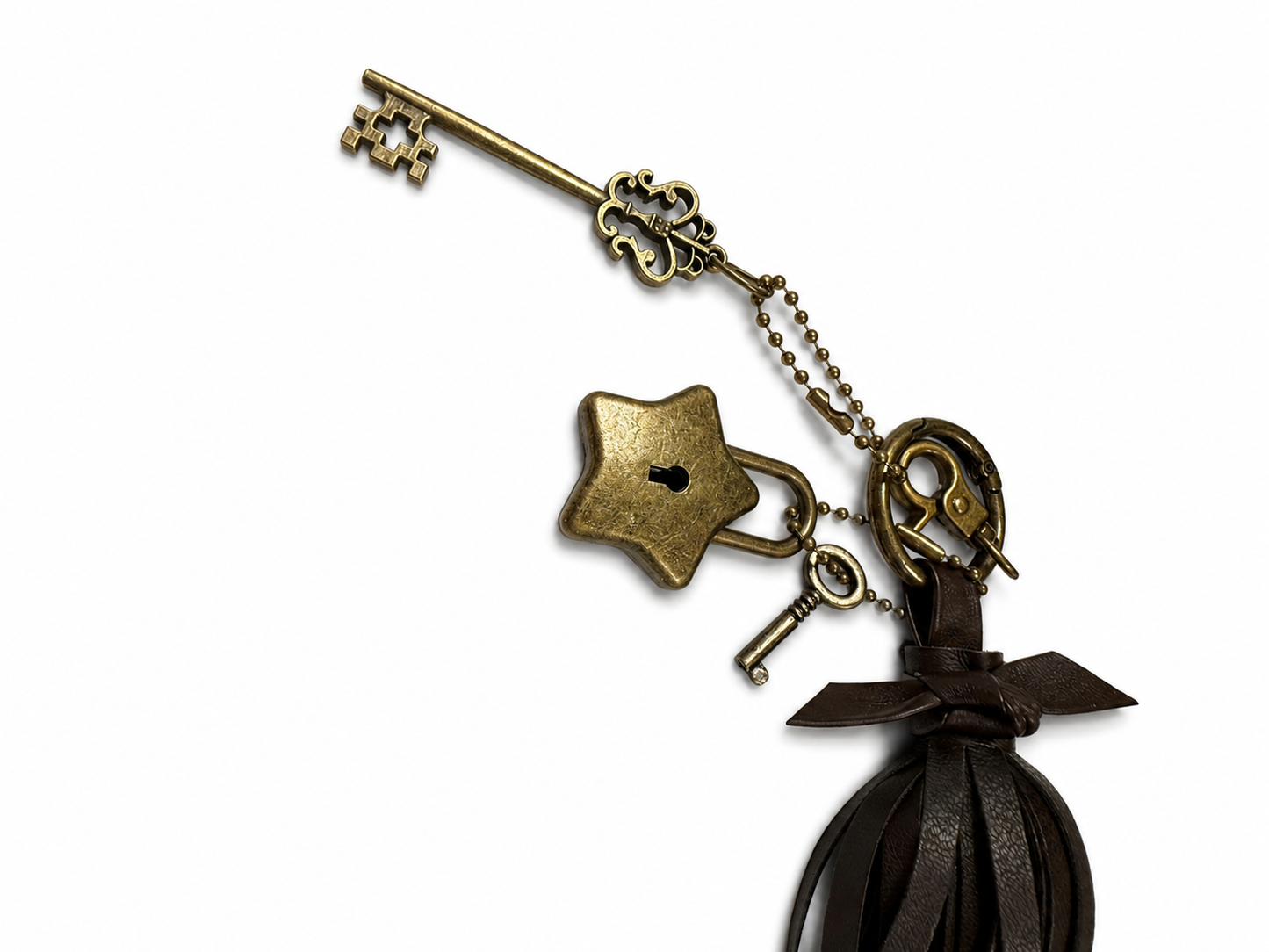 Handmade Vegan Dark Maple Leather Handmade Tassel with Star Lock and Key (works) and Large Key Charm