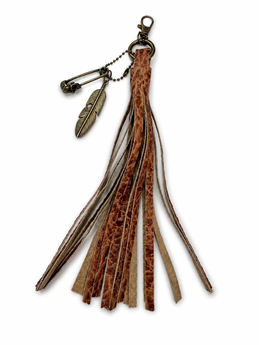 Hand cut Leather Brown Embossed Tassel with Skull Safety Pin and Feather Charm