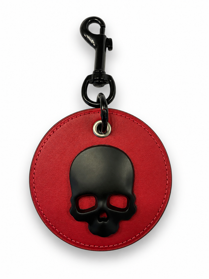 Repurposed Red Leather Coach Coaster Bag Charm with Black Skull