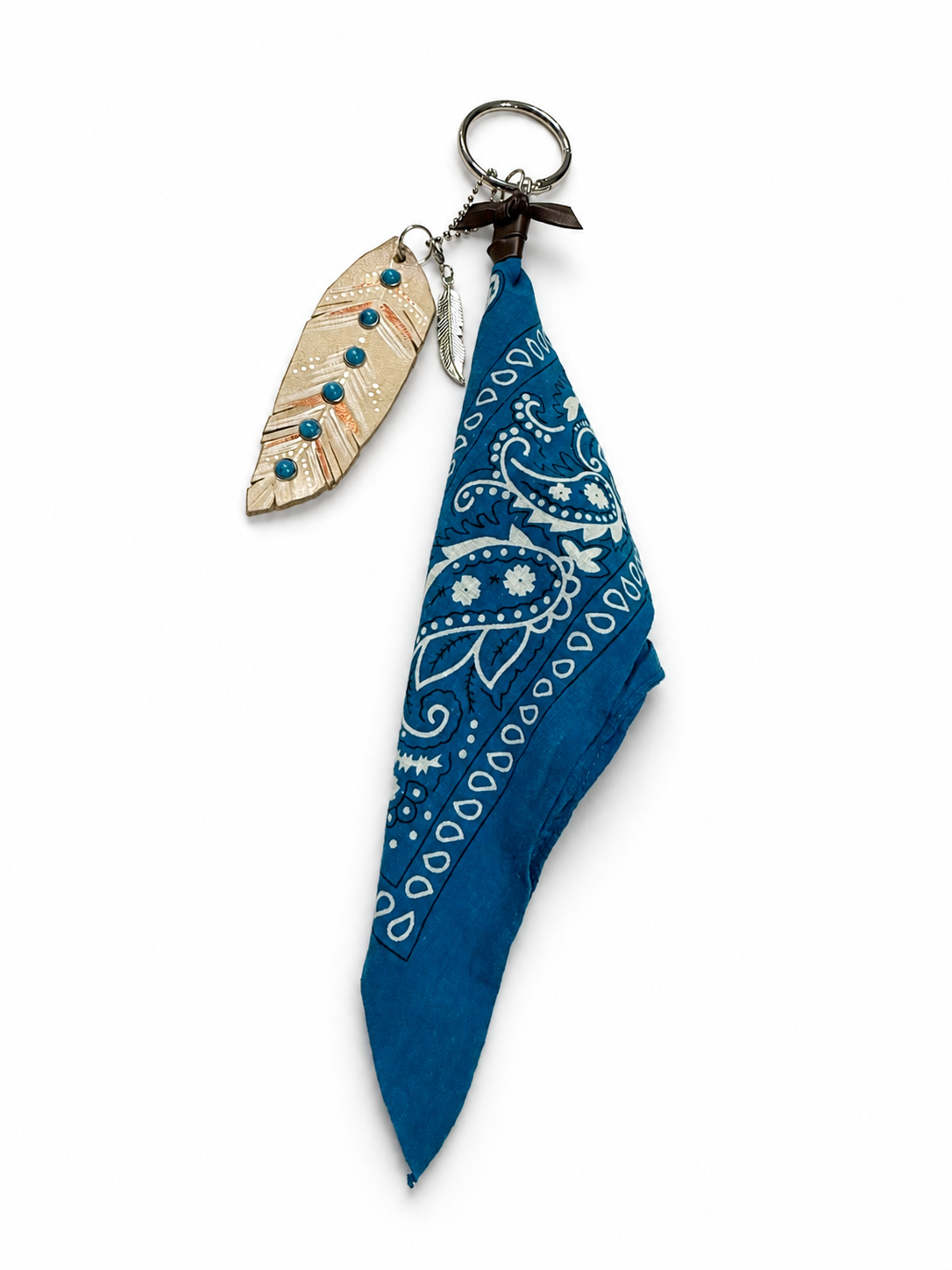 Repurposed Free People Feather & Turquoise Bandana Bag Charm Cluster