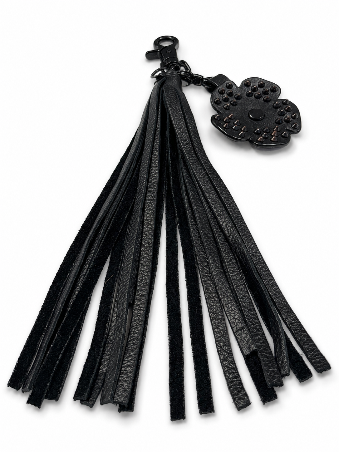 Black Pebbled Leather Tassel with Repurposed Coach Tea Rose