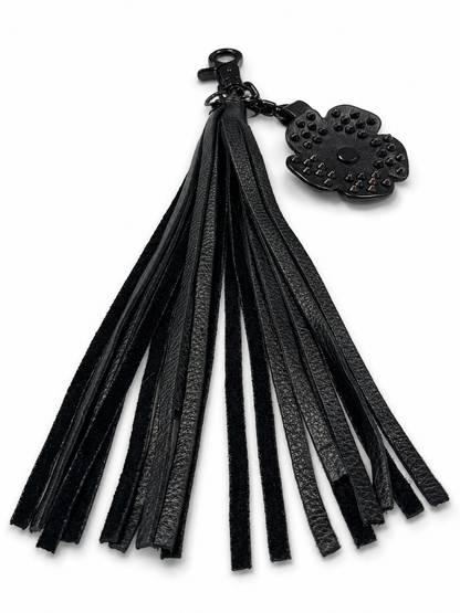 Black Pebbled Leather Tassel with Repurposed Coach Tea Rose