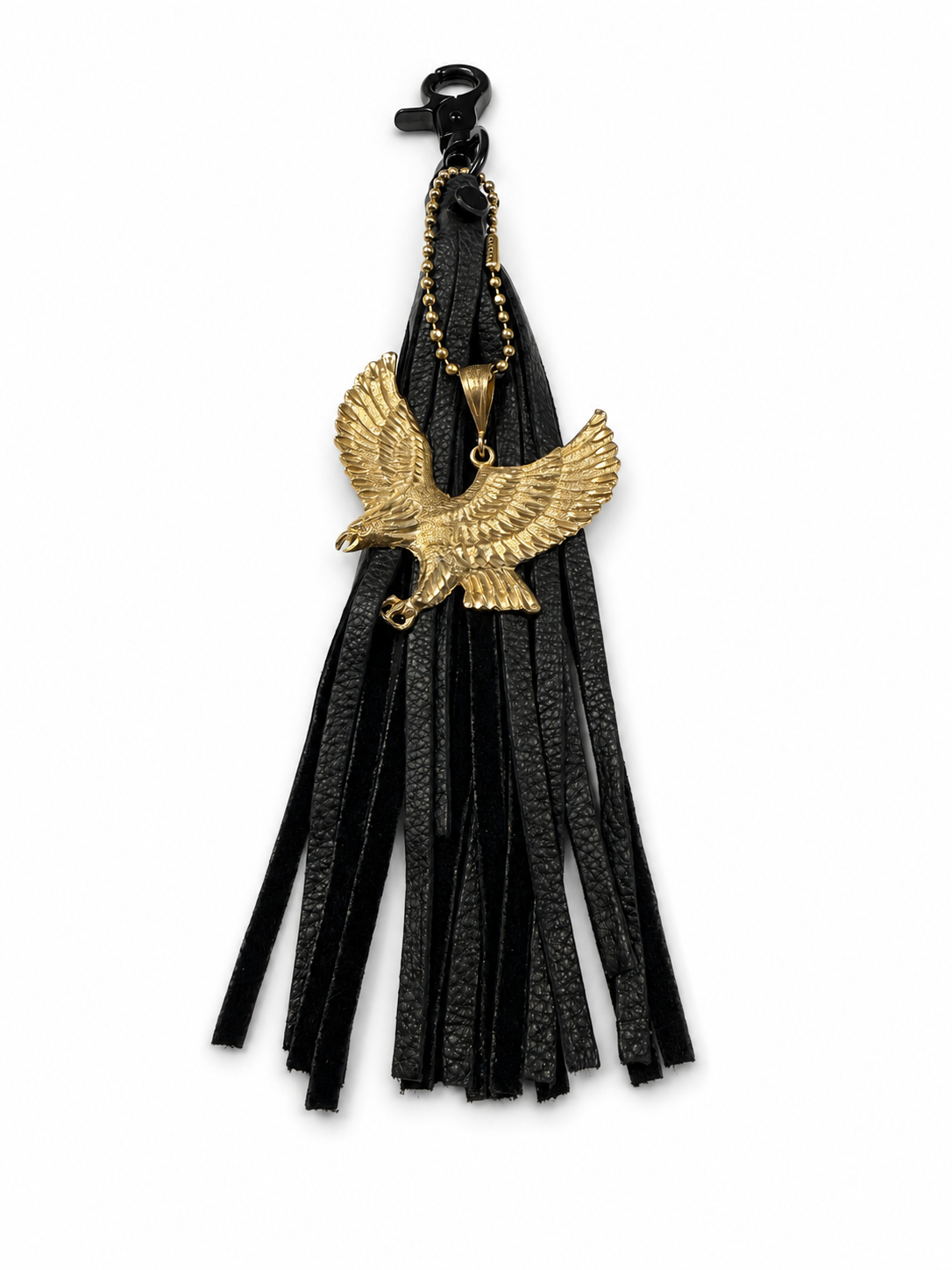 Handmade Black Pebbled Leather Tassel with Gold Tone Eagle Pendant