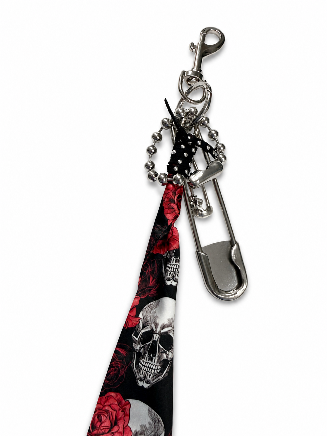 Skull & Pink Floral Scarf Bag Charm Cluster with Large Ball Chain