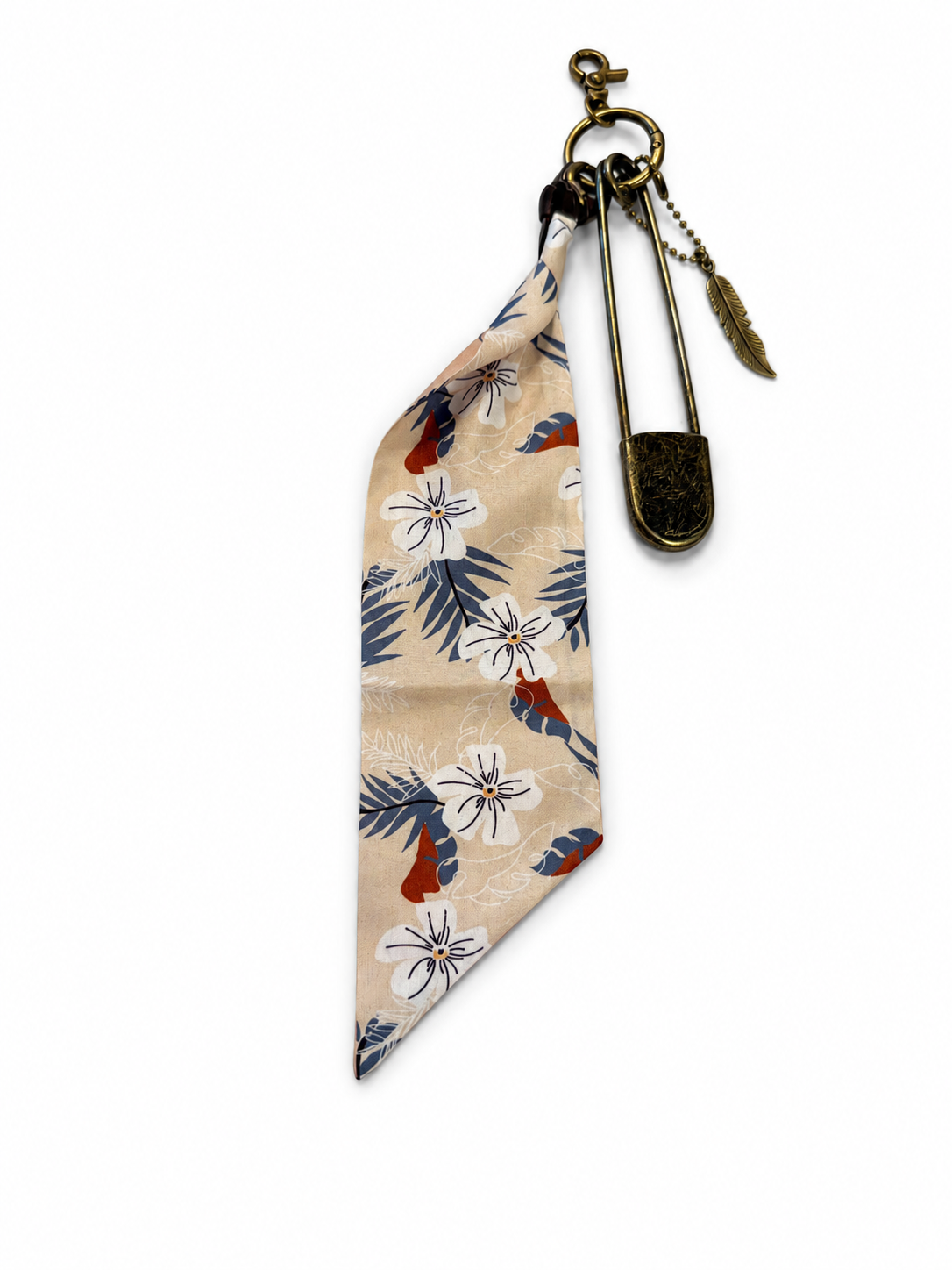 Tan & Blue Floral Scarf, Safety Pin, and Feather Bag Charm Cluster on Antique Brass Tone Hardware