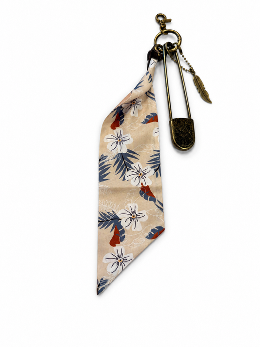 Tan & Blue Floral Scarf, Safety Pin, and Feather Bag Charm Cluster on Antique Brass Tone Hardware
