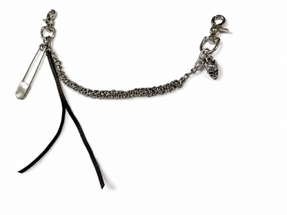 Silver-Tone Bag Chain with Repurposed Loewe Leather Cord/Tassel, XL Safety Pin, & Skull