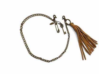 Antique Brass Bag Chain with Leather Tassel & Charm Cluster