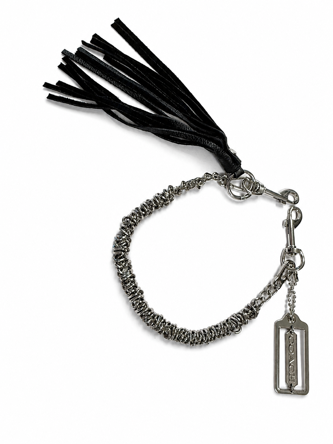 Silver-Tone Bag Chain with Black Leather Tassel & Coach Hangtag