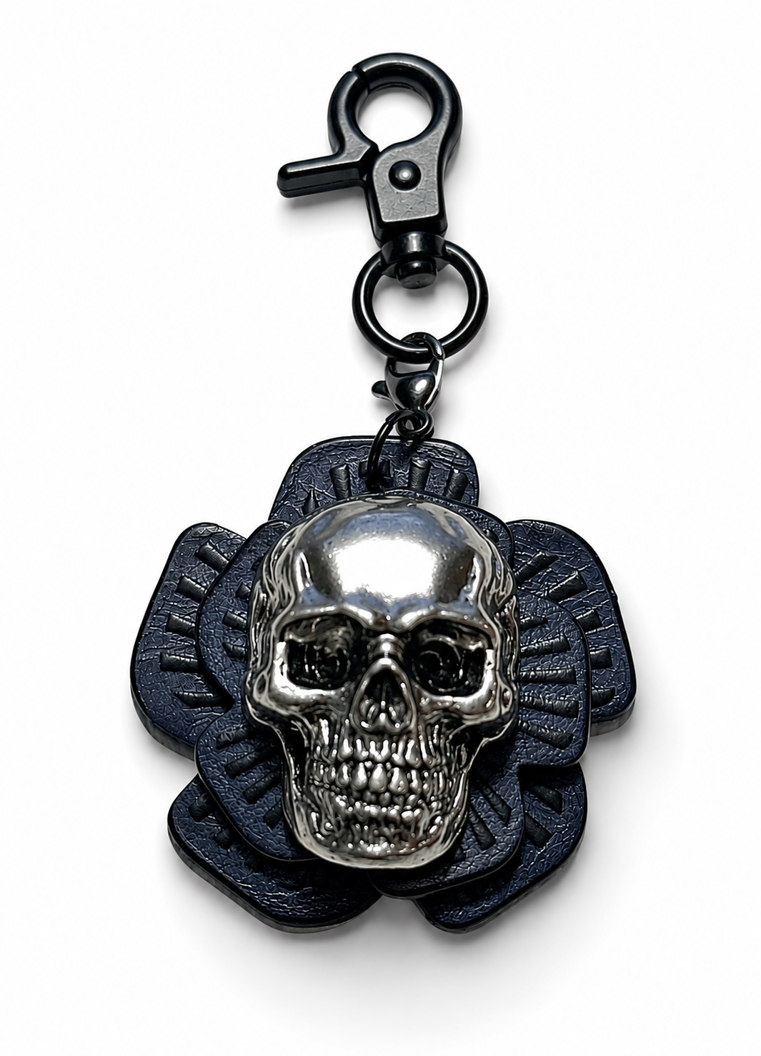 Handmade Repurposed Coach Leather Tea Rose Key Chain – Black & Purple | Skull Center | Black Hardware