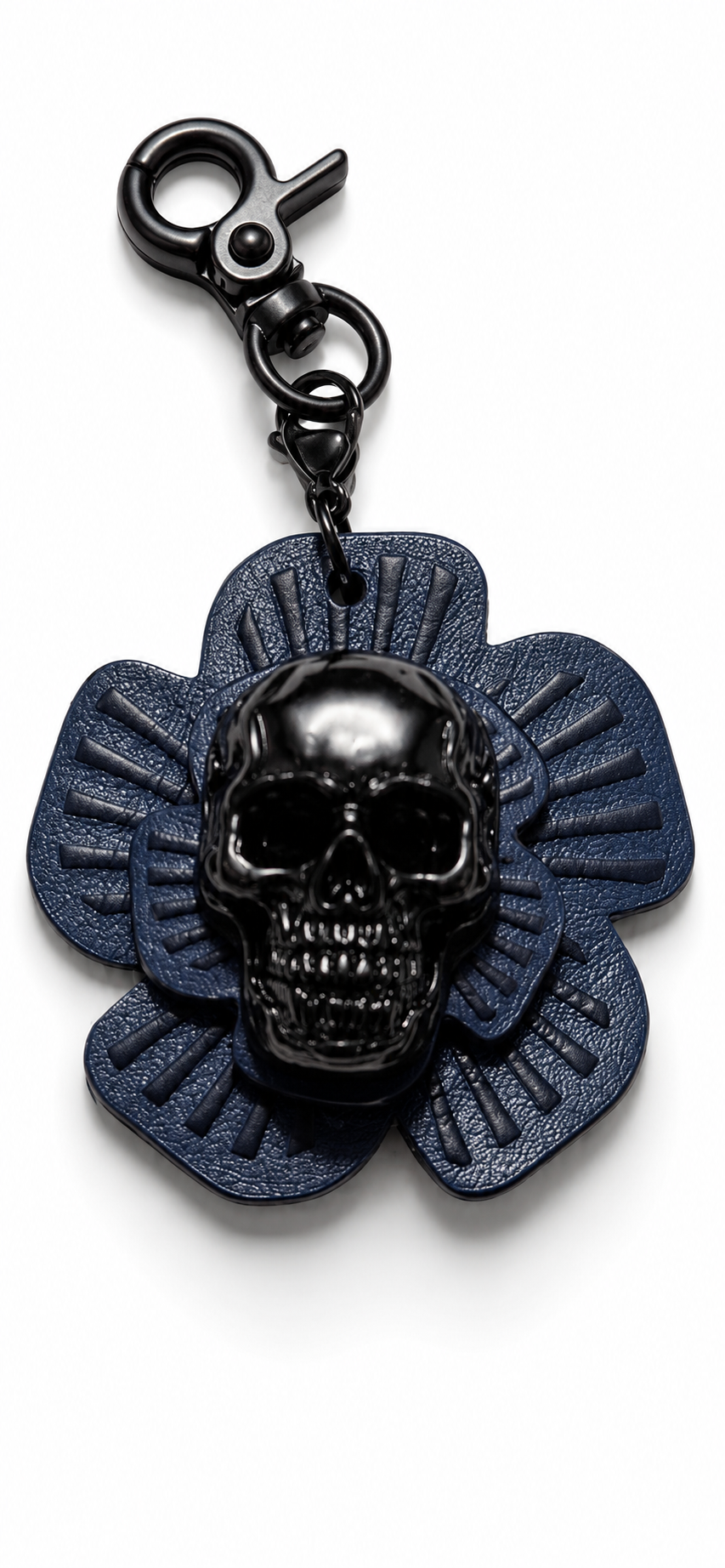 Handmade Repurposed Coach Leather Tea Rose Key Chain – Black & Blue | Skull Center | Black Hardware
