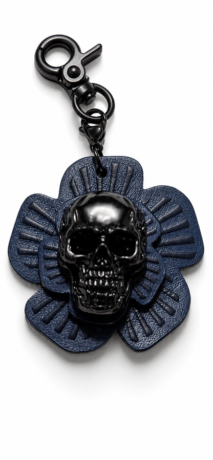 Handmade Repurposed Coach Leather Tea Rose Key Chain – Black & Blue | Skull Center | Black Hardware