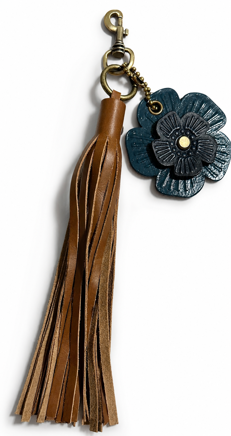 Light Brown Leather Tassel Bag Charm with Repurposed Coach Tea Roses – One of a Kind