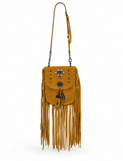 Coach Mustard Yellow Suede Fringe Saddle Crossbody Bag with original charm- EUC Pre-loved